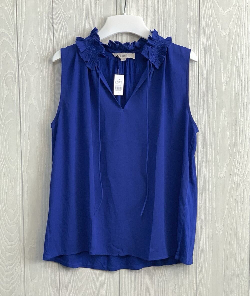 LOFT Blue Sleeveless Ruffle Tie Neck Top Large NWT